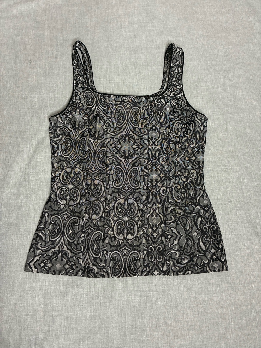 White House Black Market Black & Gray Corset-Inspired Square-Neck Tank Size M